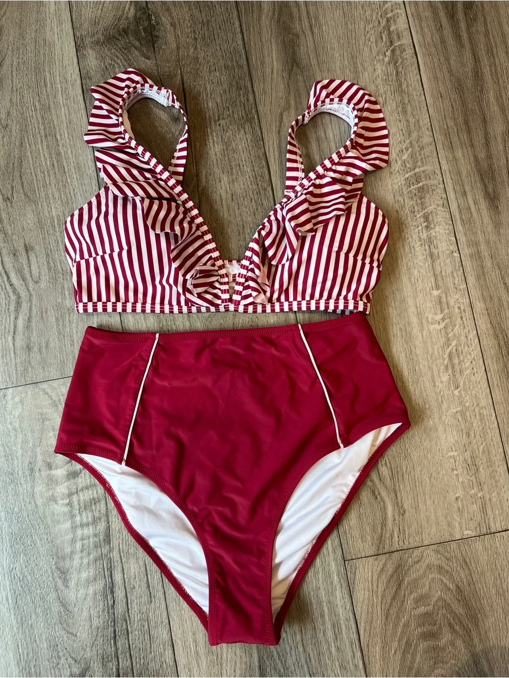 CUPSHE High Waisted Ruffle Striped Bikini Set Size Large